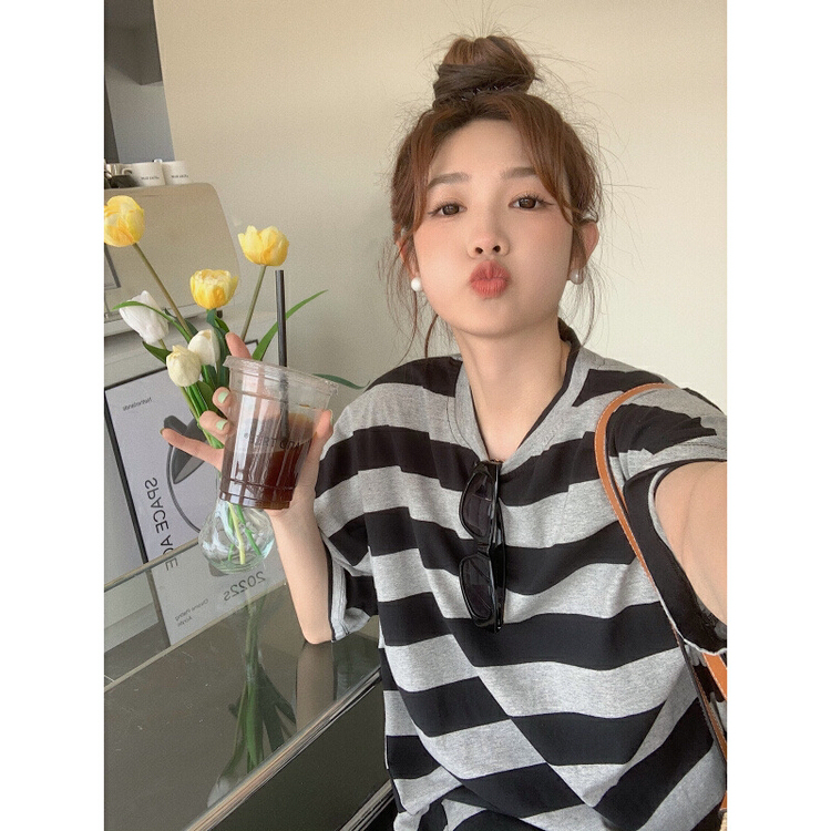 [timely rain] design sense classic stripe lazy wind round neck loose medium long short sleeve dress 5056# WPL