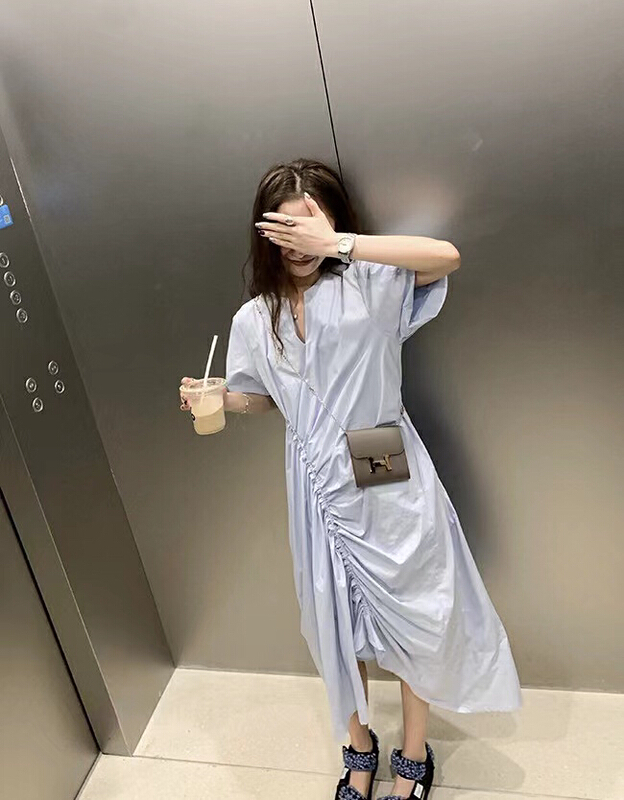 [only love] Korean lazy French first love bubble sleeve irregular design shirt dress c215# zxl