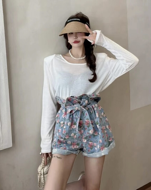 [JH] solid color casual sunscreen shirt + WASH JEANS SHORTS SET (with belt) 41732# PCZ