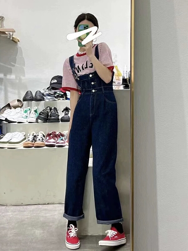 [JH] red stripe letter short sleeve T-shirt + wash jeans suspender suit 41675\pcz