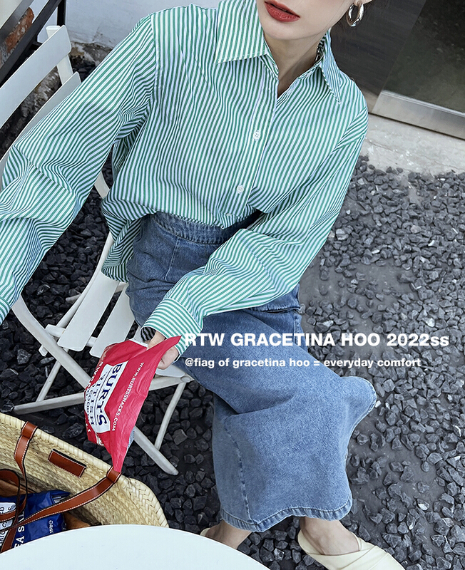 New year in early spring! [gracetina Hoo] imported high-density fine woven cotton lazy loose stripe shirt cs784# zxl