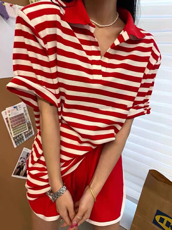 [MI] Korean Striped Polo neck short sleeve T-shirt + casual shorts two piece suit 9598# PCZ