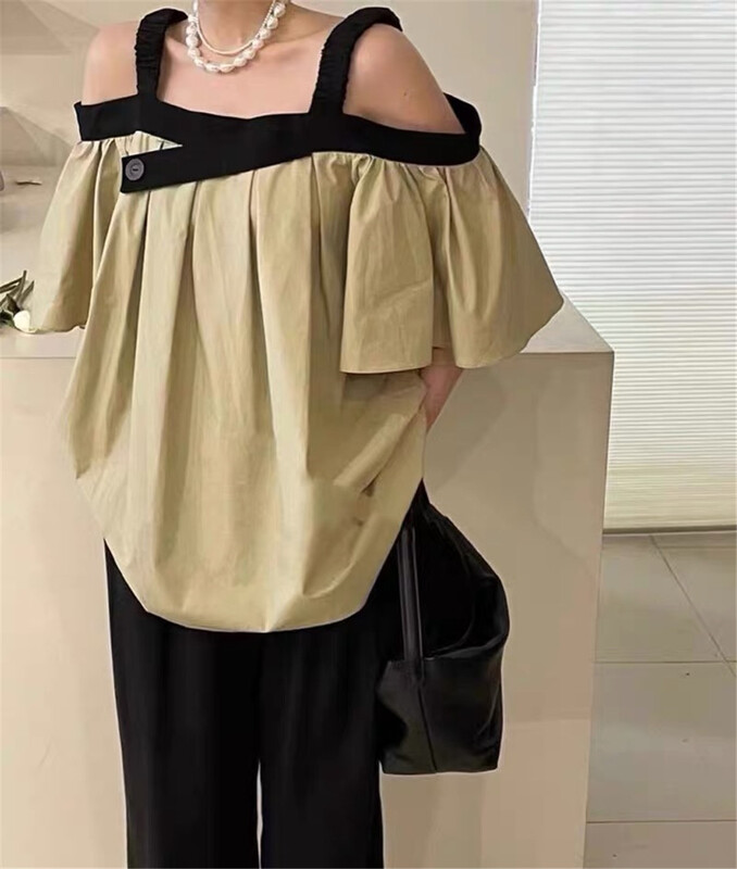 [Wo / men] color blocking off shoulder fashion shirt 2800# zxl