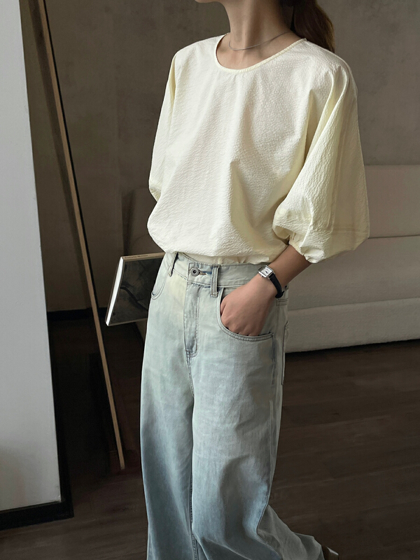 [Hello September] texture profile round neck temperament shirt m2590# CLS