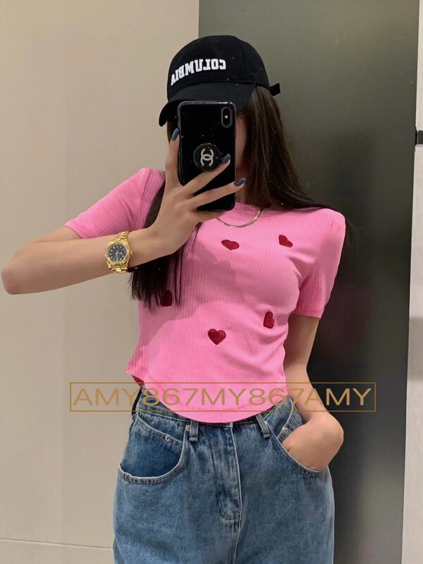 [Amy] love embroidery elastic short sleeve T-shirt 867# WTT