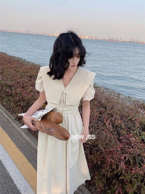 goods in stock! [Gusha] Korean Navy collar short sleeve bubble sleeve dress 6067# WPL