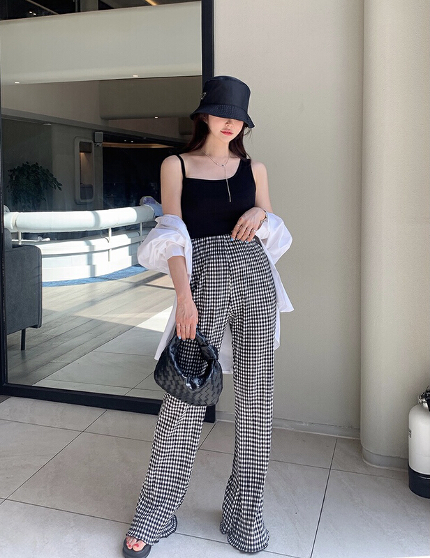 [savage] Korean high waist elastic waist pleated Plaid casual pants e8219# WPL