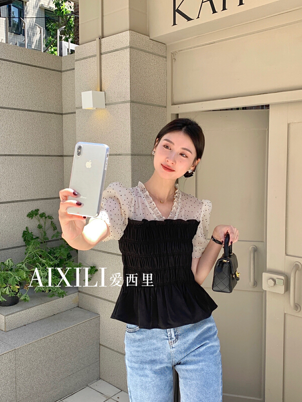 New in early summer! [aixili aisili] French V-neck fashion short sleeve shirt 6512# WPL