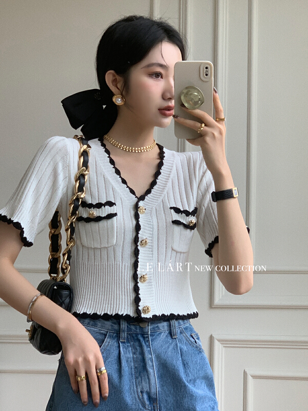 [le lart] high fashion small fragrance color contrast wave wool bonded V-neck metal button sweater xz308# XYJ