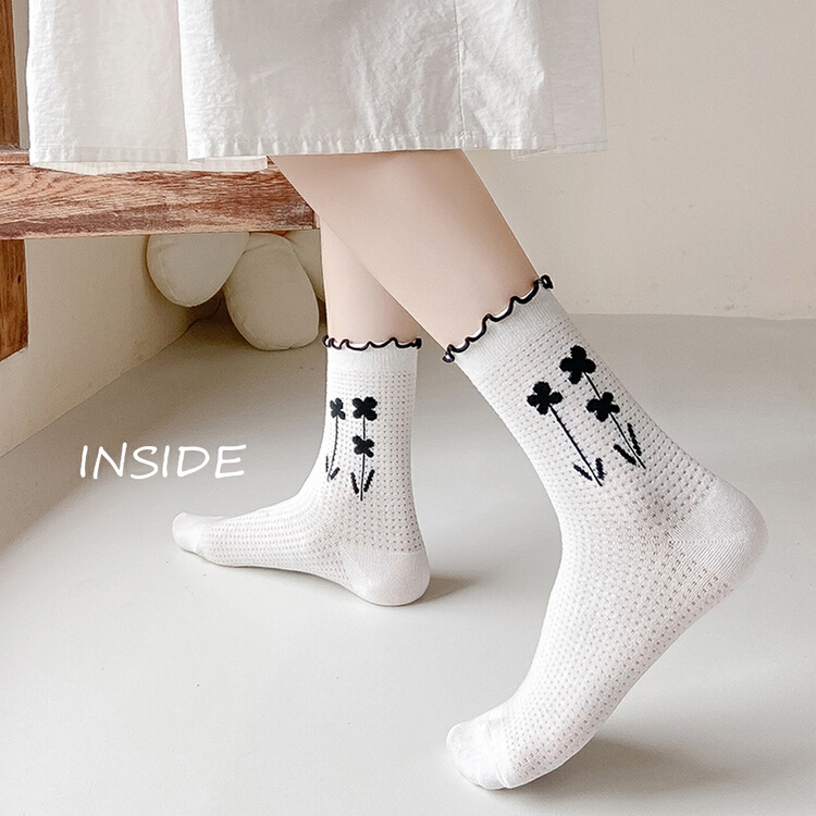 [inside] Japanese floret thin breathable mesh black and white JK medium socks n9176# zxl