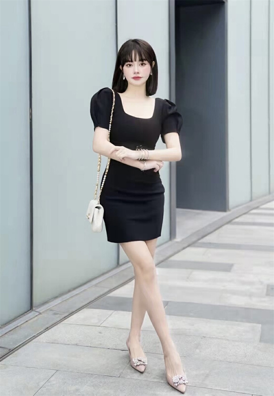 New in early summer! [spy] Korean style square neck bubble sleeve dress 9623-1# JJ