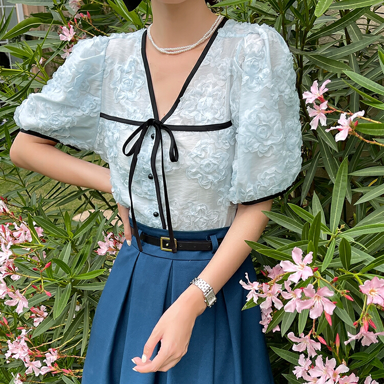[Hanna Hanna] temperament commuter V-neck three-dimensional flower shirt x896# XJ
