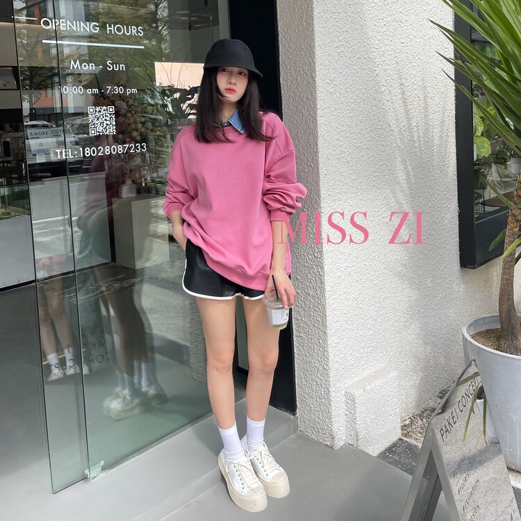 【MISS ZI】韓版假兩件拼接牛仔翻領衛衣  2292#  CQW