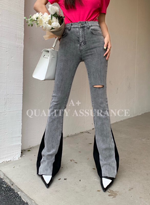 New in early summer! [a +] contrast elastic perforated flare jeans 052# WPL