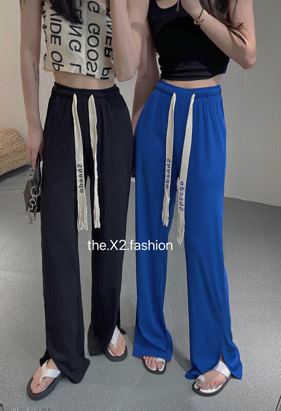 [x2] wide leg slit elastic waist drawstring casual pants 8833# ozq