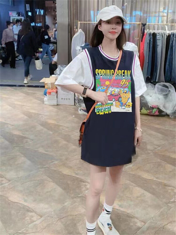 New in early summer! [Jin Han] fake two pieces of fashion pattern printed short sleeve T-shirt ys1-8652# ozq