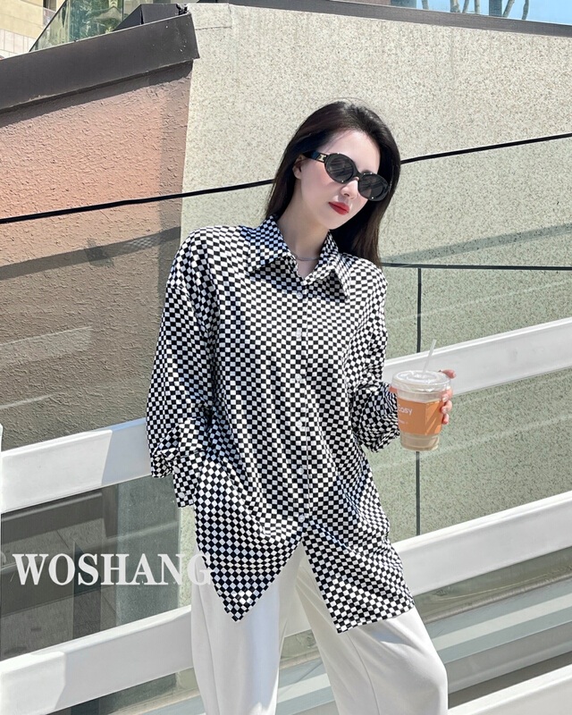 [woshang] black and white checkerboard Plaid Lapel long sleeve shirt 858# XYJ