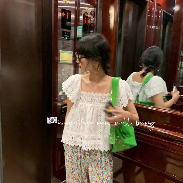 初夏上新!【FREE STUDIO】韓版甜美鏤空方領小衫  68910#  HJY
