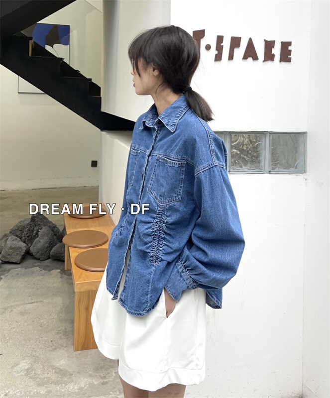New year in early spring! [dream fly] Korean pleated denim shirt 61058-1# XJ