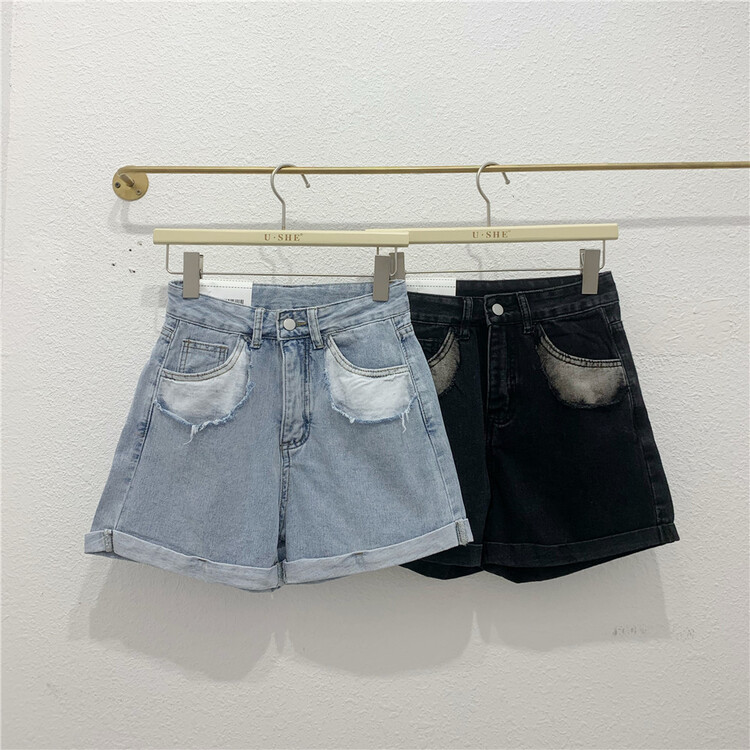 [u.she] Korean personalized color blocking casual denim shorts 19800# cqw