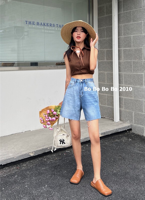 [Bobo] personalized color blocking loose denim shorts ys1-2010# cqw