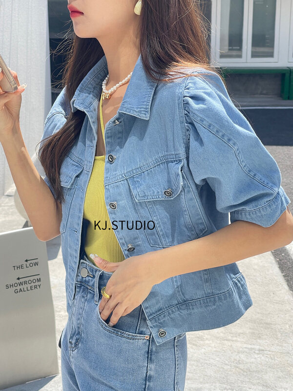 [kJ] design sense thin bubble sleeve short denim jacket 3248# zxl