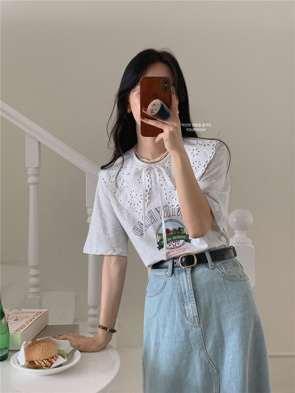 [your room] Korean print casual round neck short sleeve T-shirt (with collar) 539# cqw