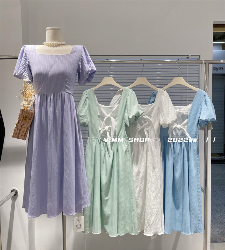 New in early summer! [V: mm] French fairy back hollow square neck dress 3107# CLS