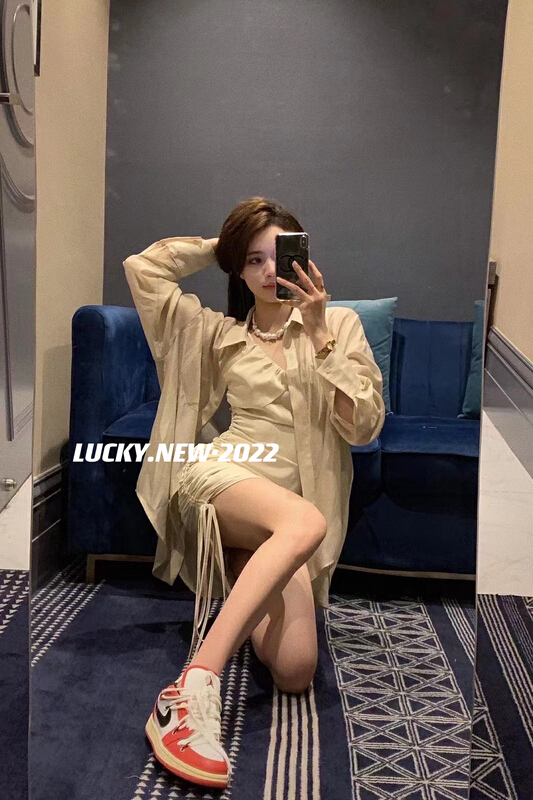 [lucky] sexy drawstring pleated suspender skirt + sunscreen shirt set 8752# zxx