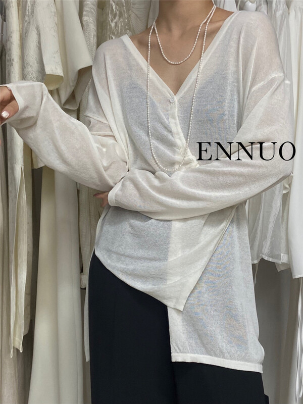 [ennuo] V-neck diagonal button comfortable sweater 1896# L