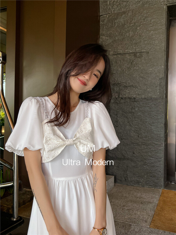 [um micron] Korean version small women's bubble sleeve high waist dress 88181# hjy