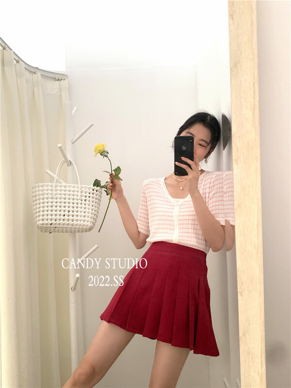 [candy] simple slim suspender Vest + striped single breasted sweater set 6016# zjy