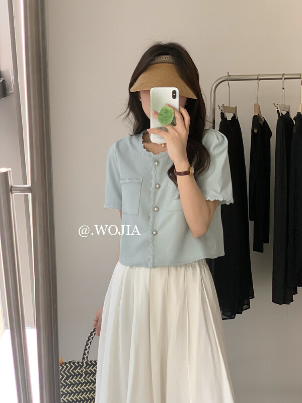 [Wo +] Korean double pocket short shirt 22562# zxx
