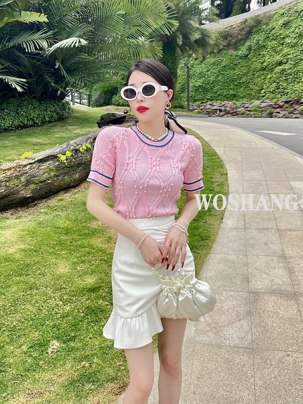 [woshang woshang] color matching sweet and versatile blouse 2591-1# XYJ