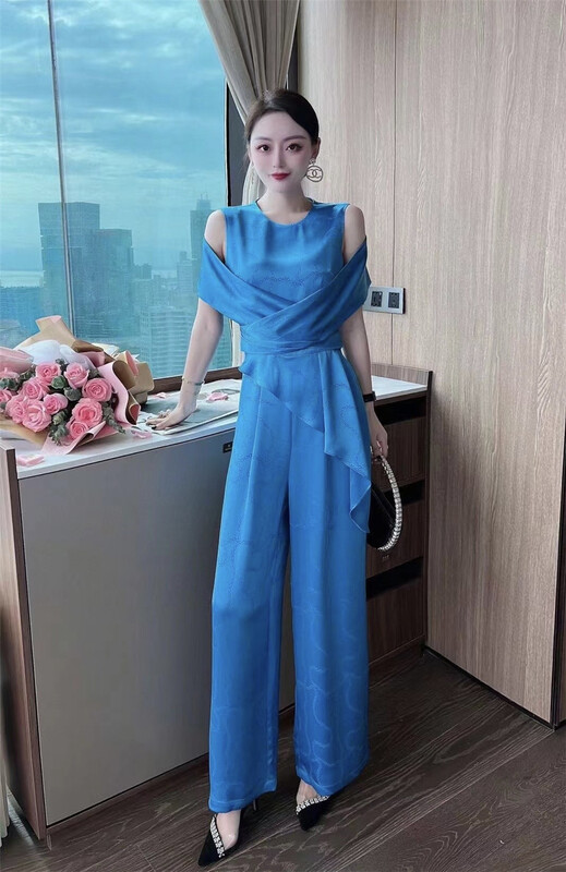 [Torreya grandis] acetic acid fashion classic round neck Jumpsuit 6116# JJ