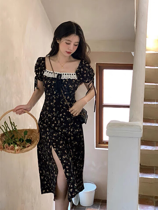 [Kiki studio] Vintage Floral slit dress 5897# hjy