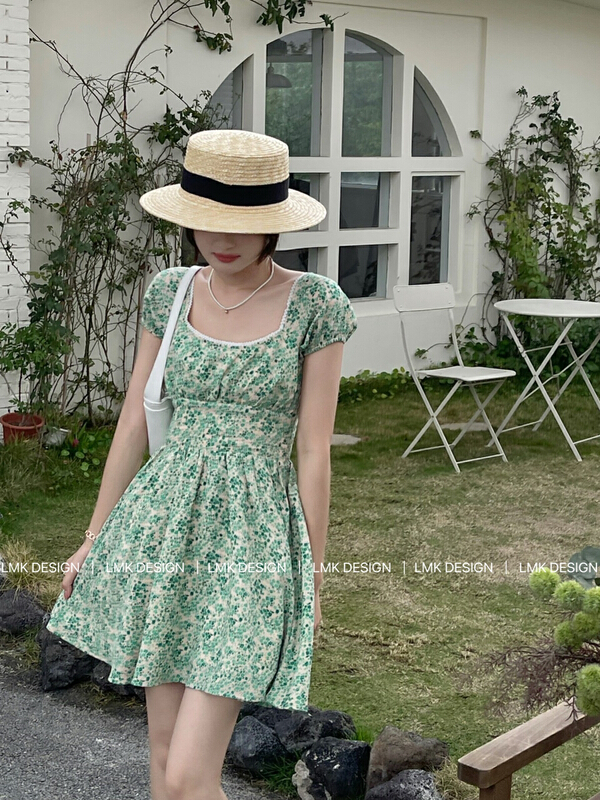 New in early summer! [LMK] square neck stitched Lace Floral Dress 2213# hjy