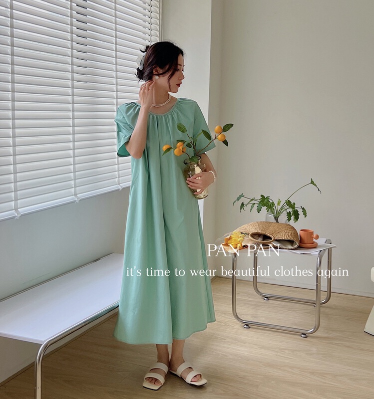 [Panpan] Korean solid color loose dress (with waist rope) 3298# cqw