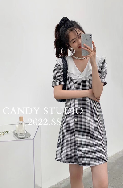 [candy] Korean double neck Plaid bubble sleeve dress ys2-9107# zjy