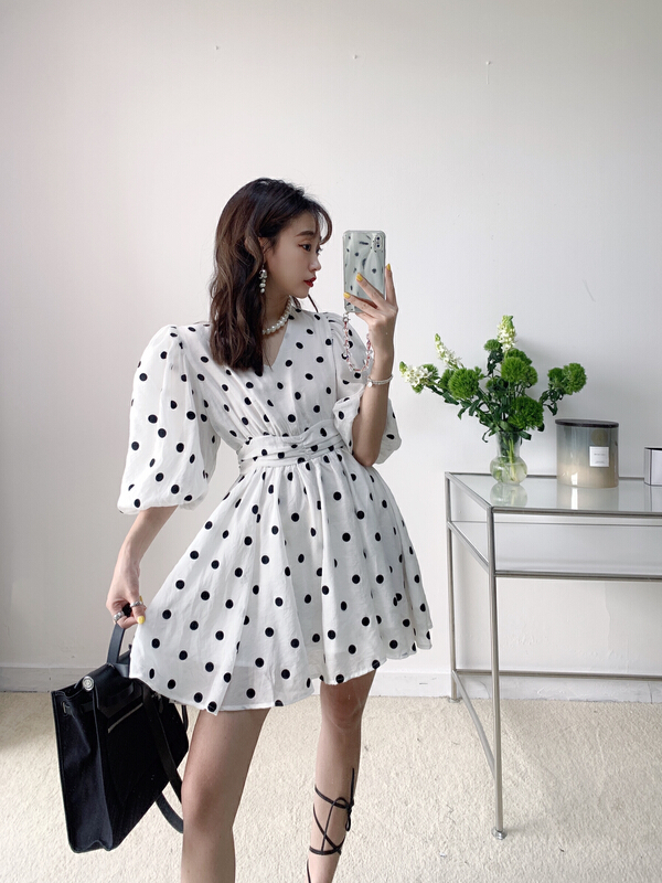 [Vanessa] Korean version foreign style bubble sleeve polka dot dress 6226# ozq