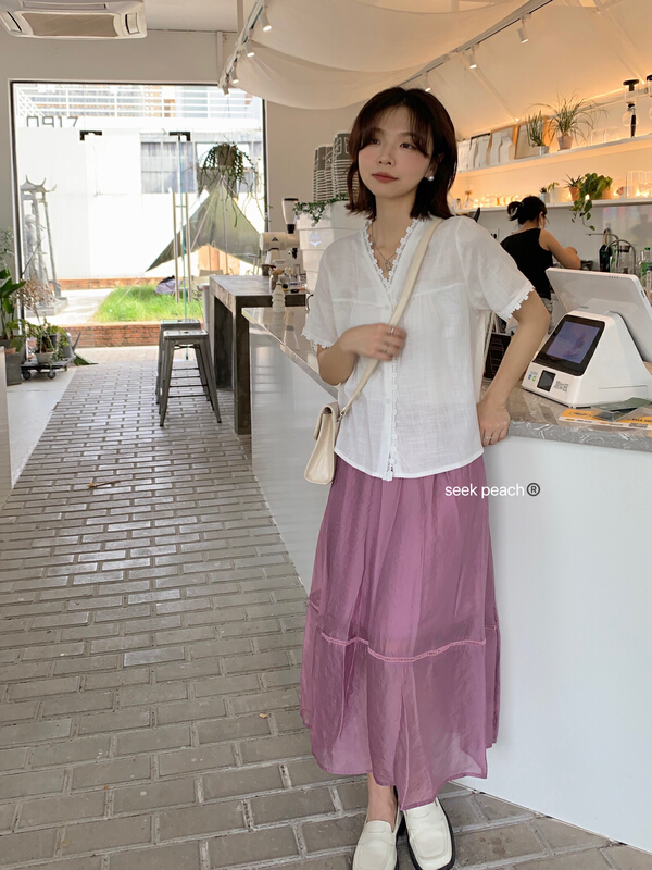 New in early summer! [seek peach] Korean lace V-neck shirt 8861# ll