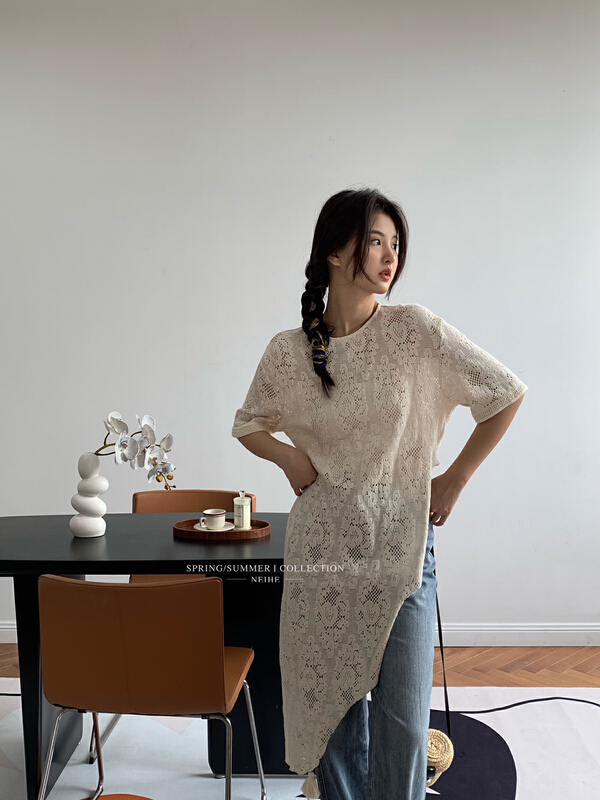 [neihe] hollow out design irregular hem short sleeved shirt 22272# zxx