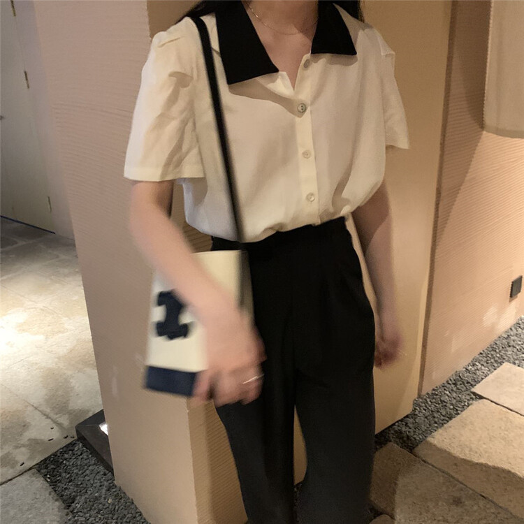 [ohhhh] Korean style color contrast collar versatile bubble sleeve blouse 1393# CLS