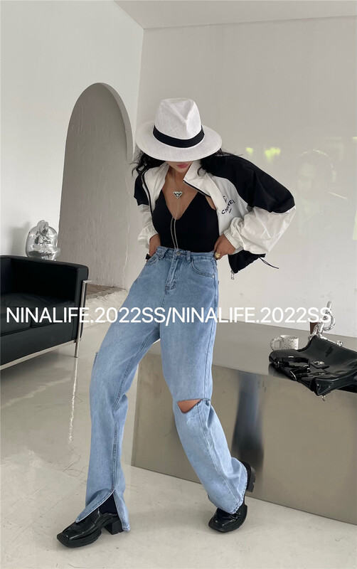 [Nina life] pierced straight leg wide leg jeans 6938# zxl