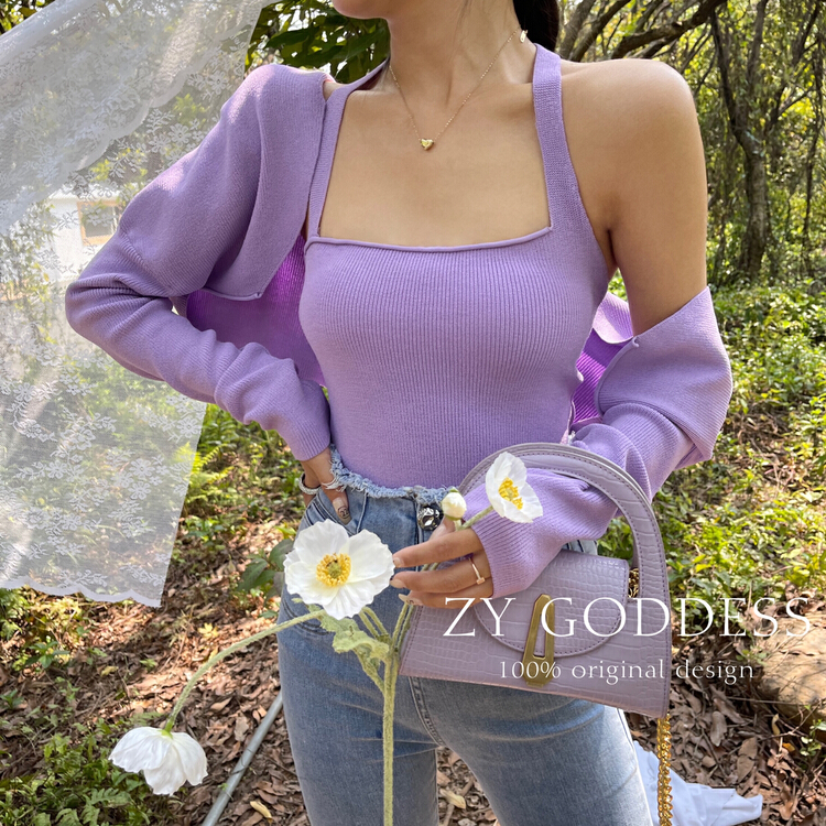 現貨!【ZY】時尚純欲風開衫+寬鬆掛脖吊帶背心套裝  H908#  OZQ