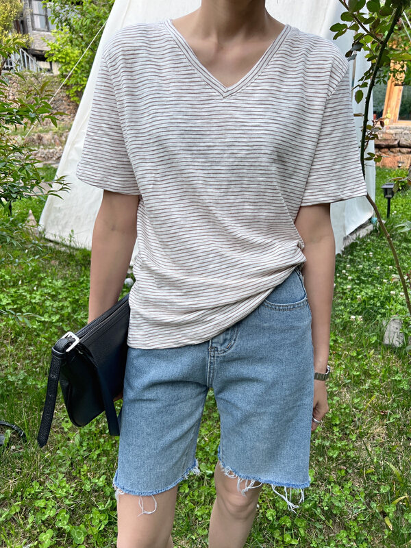 New in early summer! [mildness] V-neck stripe loose short sleeve T-shirt y2013# ZSY