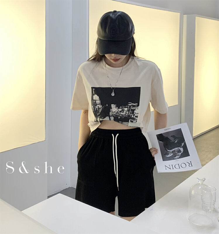 goods in stock! [S & she] high waist printed short navel exposed short sleeve T-shirt 1157# XJ