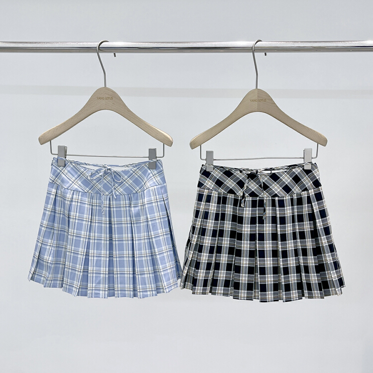 New in early summer! [Yang lotus] Vintage Plaid pleated skirt (with waist rope) (only selling skirt) s12246209# ozq