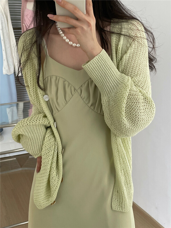 [sunshine] solid color hollowed out loose knit cardigan (excluding inner lap) 30163# cqw