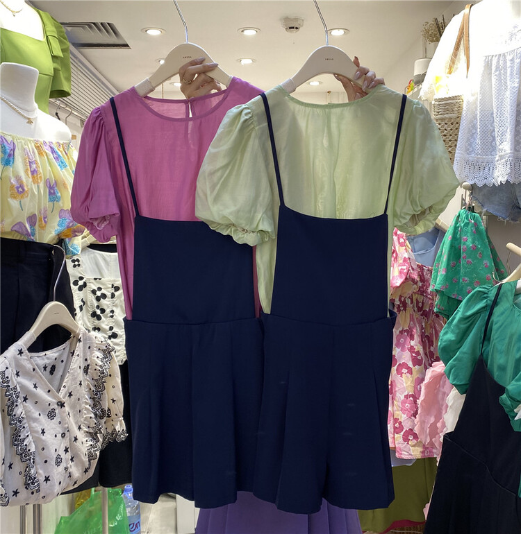 goods in stock! [amega] round neck bubble sleeve blouse + casual loose suspender Pants Set 6838# HBx